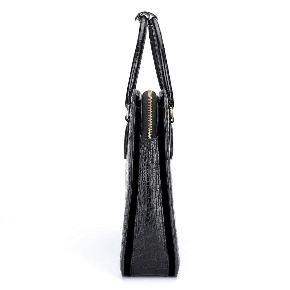 Large crocodile leather Rossie Viren briefcase with laptop compartment and secure password code lock, designed for business use.