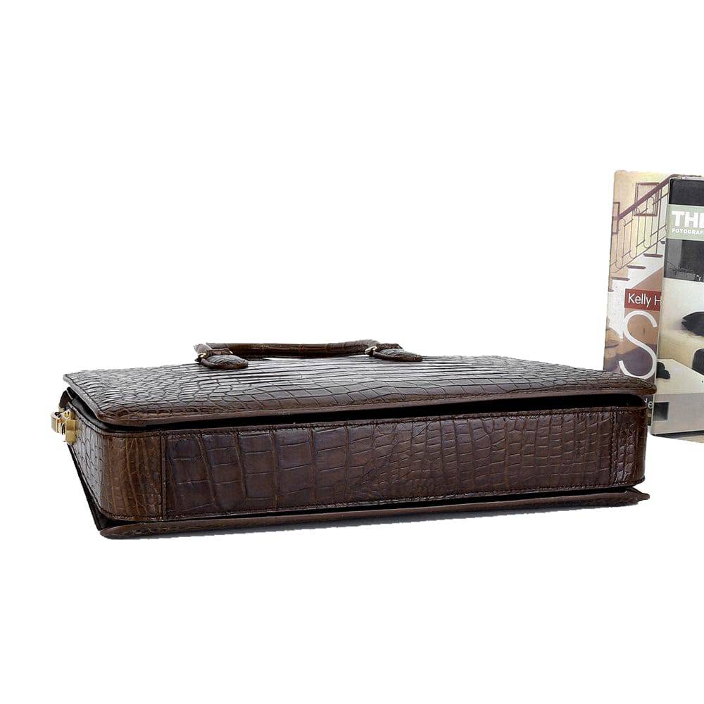Large crocodile leather Rossie Viren briefcase with password code lock, designed for laptops and business use.