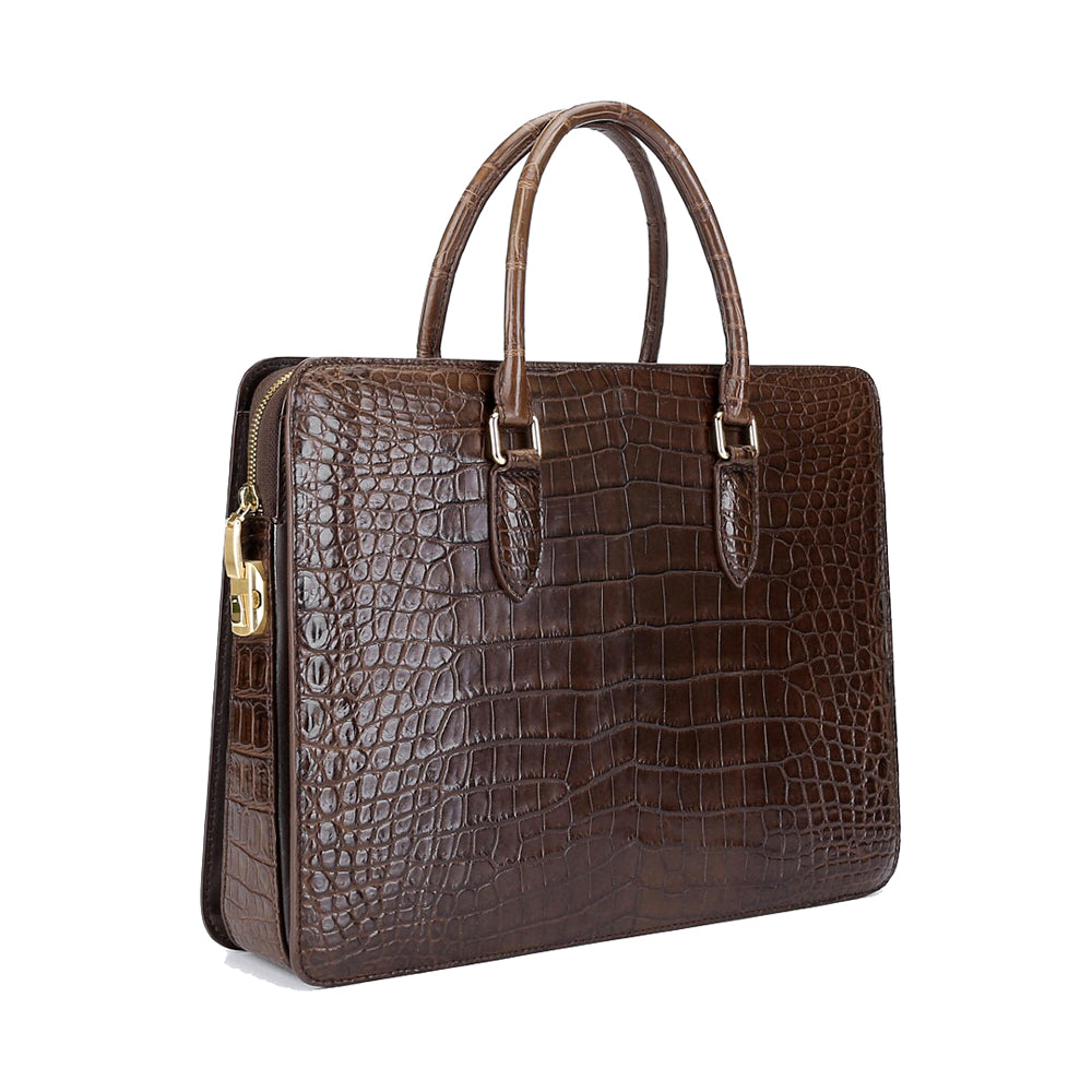 Large Rossie Viren crocodile leather laptop briefcase with password code lock, featuring sturdy handles and polished finish.