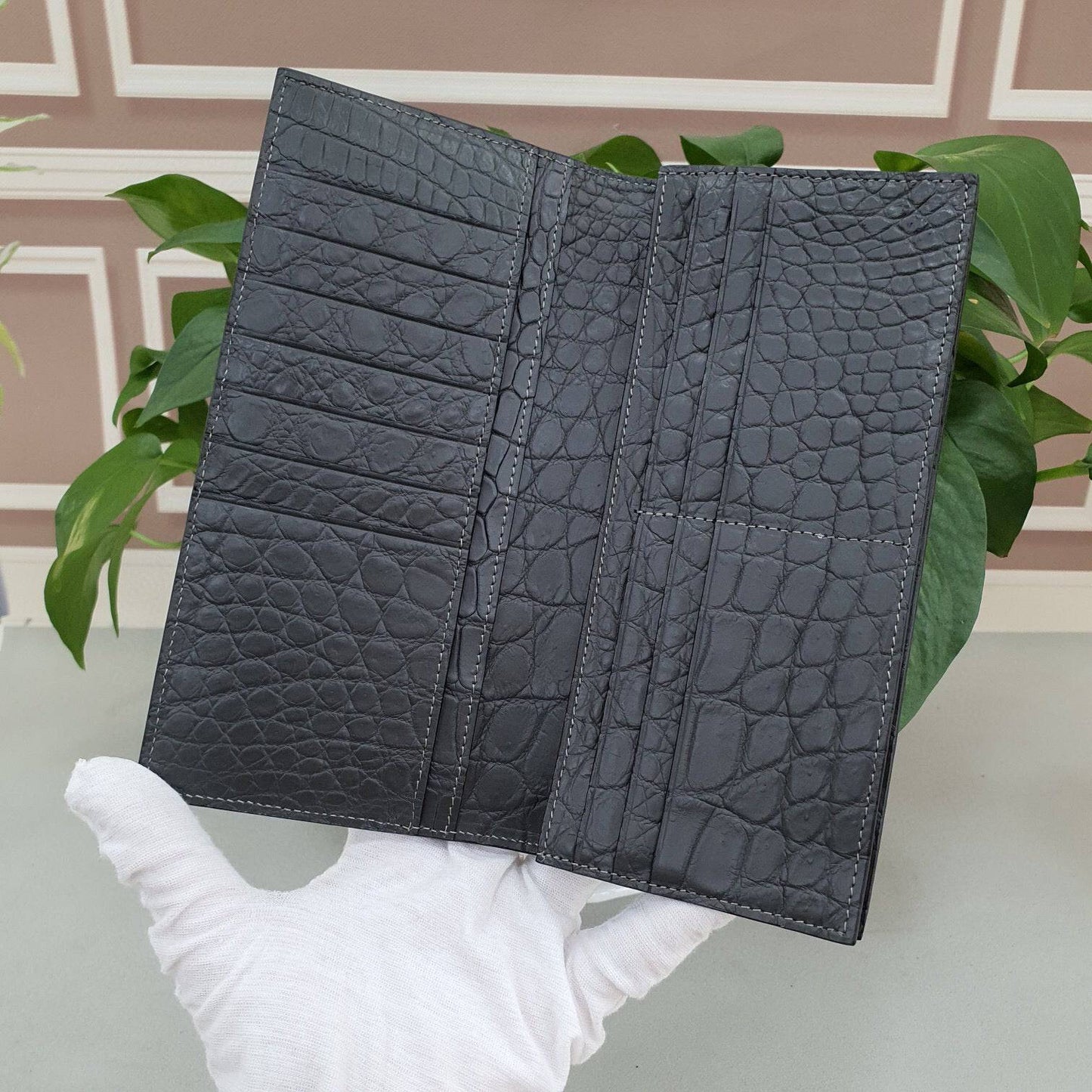 Matt Crocodile Leather Mens Suit Wallet Etoupe Grey /Gold