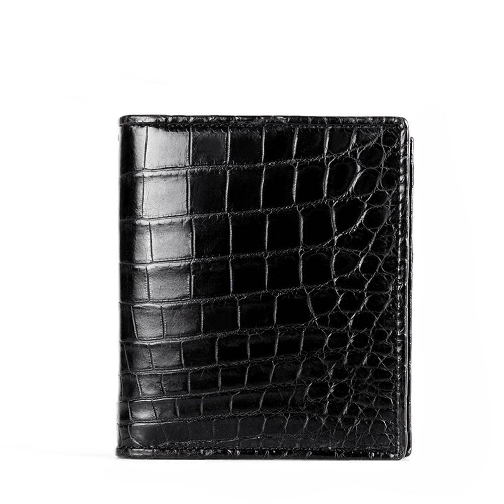 Men's bifold leather wallet by Rossie Viren, made of genuine crocodile and belly leather, showcasing a sleek, textured surface.