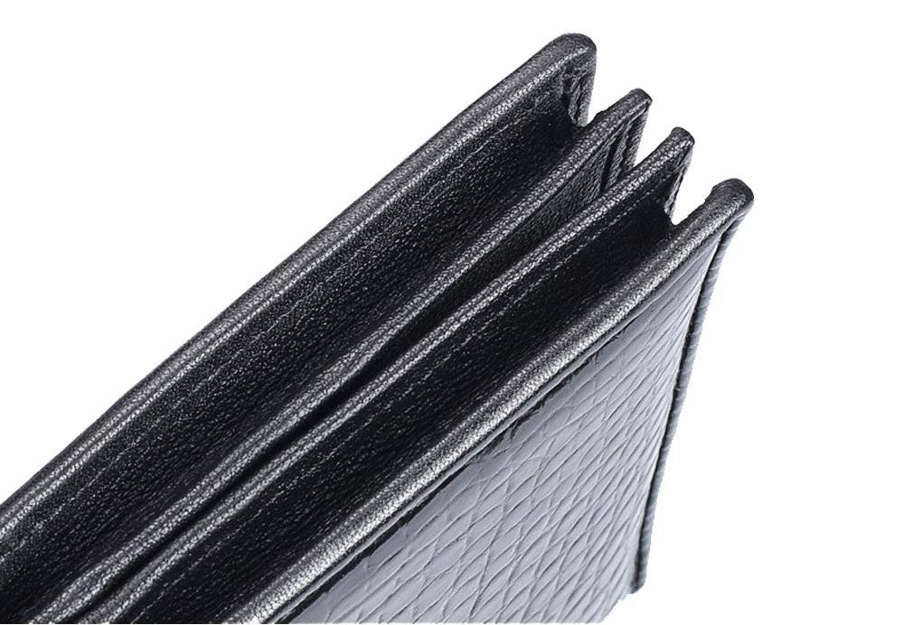 Men's bifold leather wallet by Rossie Viren, crafted from genuine crocodile and belly leather, showcasing a sleek, textured design.