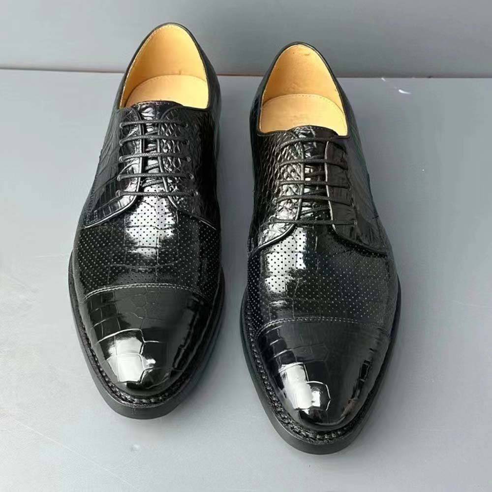 Men's breathable crocodile leather dress shoes by Rossie Viren, Goodyear-crafted formal footwear for office, party, or wedding occasions.