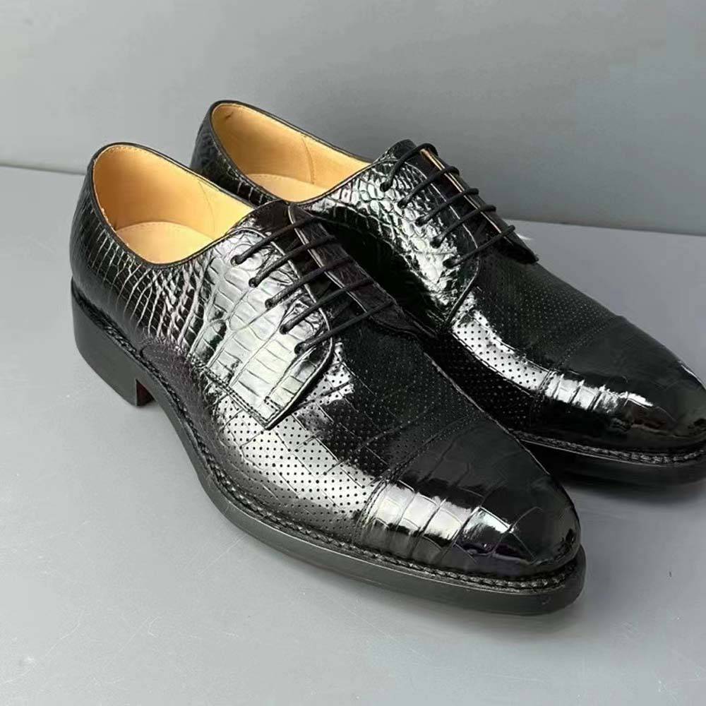 Men's breathable crocodile leather formal shoes by Rossie Viren, Goodyear welted dress shoes for office, party, or wedding occasions.