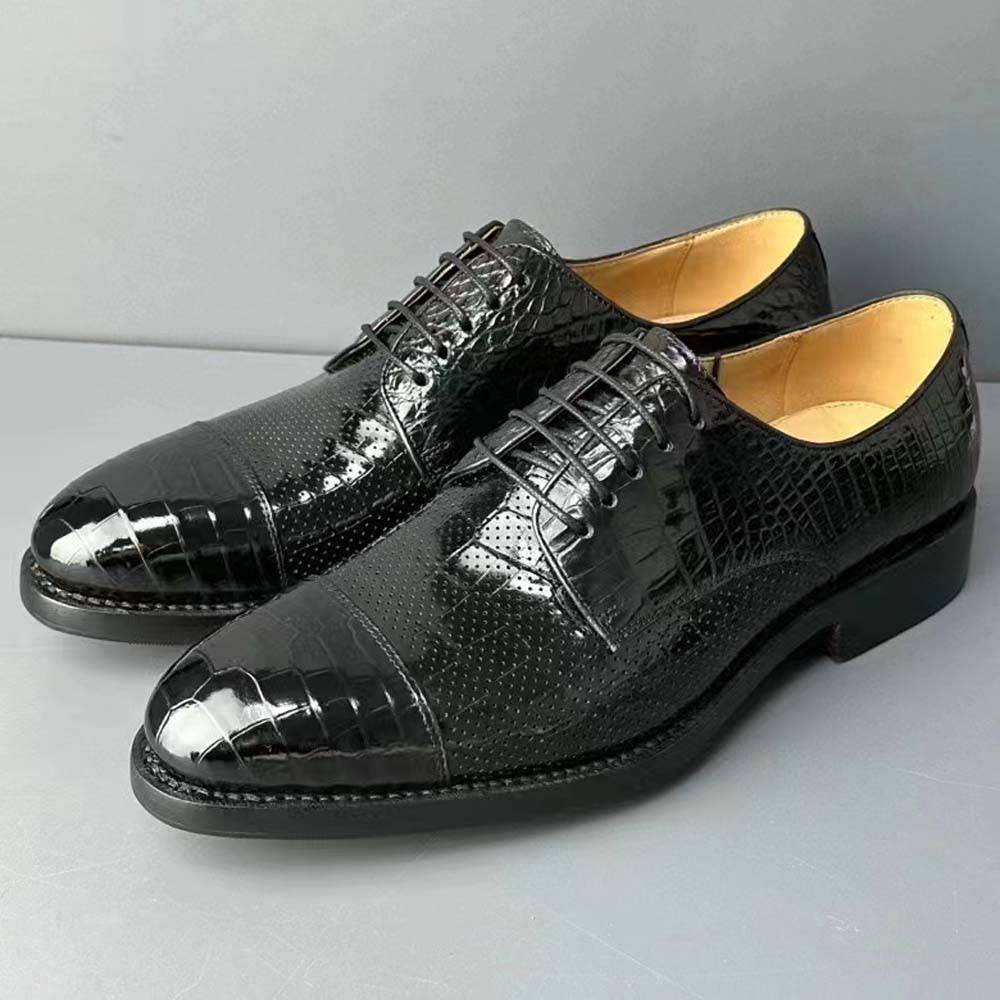 Rossie Viren men's breathable crocodile leather formal dress shoes, Goodyear craftsmanship, suitable for office, party, or wedding wear.