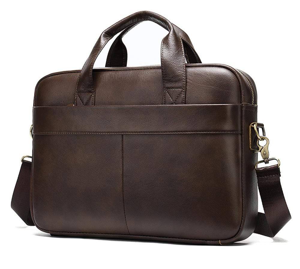 Men's brown leather attache briefcase bag by Rossie Viren, featuring a structured handbag design with sturdy handles.