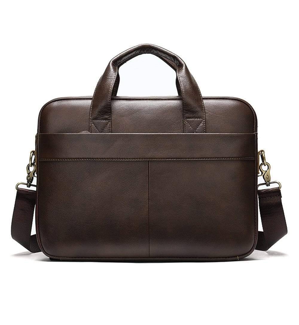 Men's brown leather attache briefcase bag by Rossie Viren, featuring a structured design with sturdy handles and sleek finish.