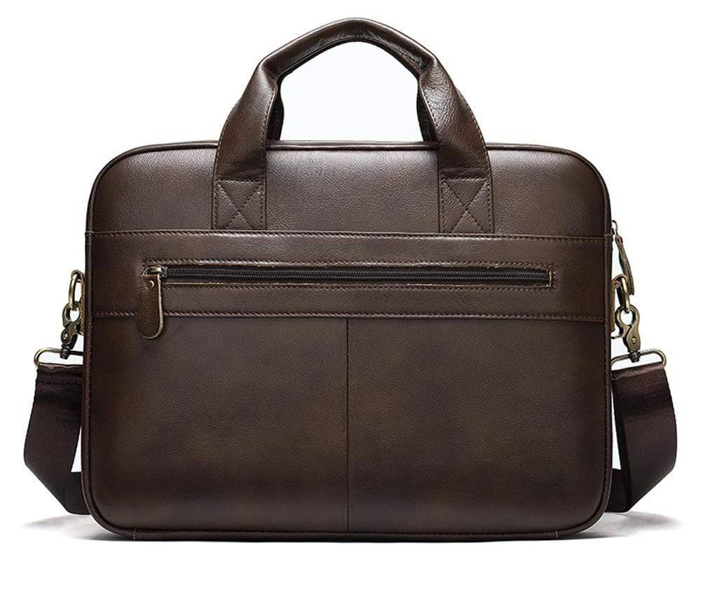 Men's brown leather attache briefcase bag by Rossie Viren, featuring sturdy handle and classic design for professional use.