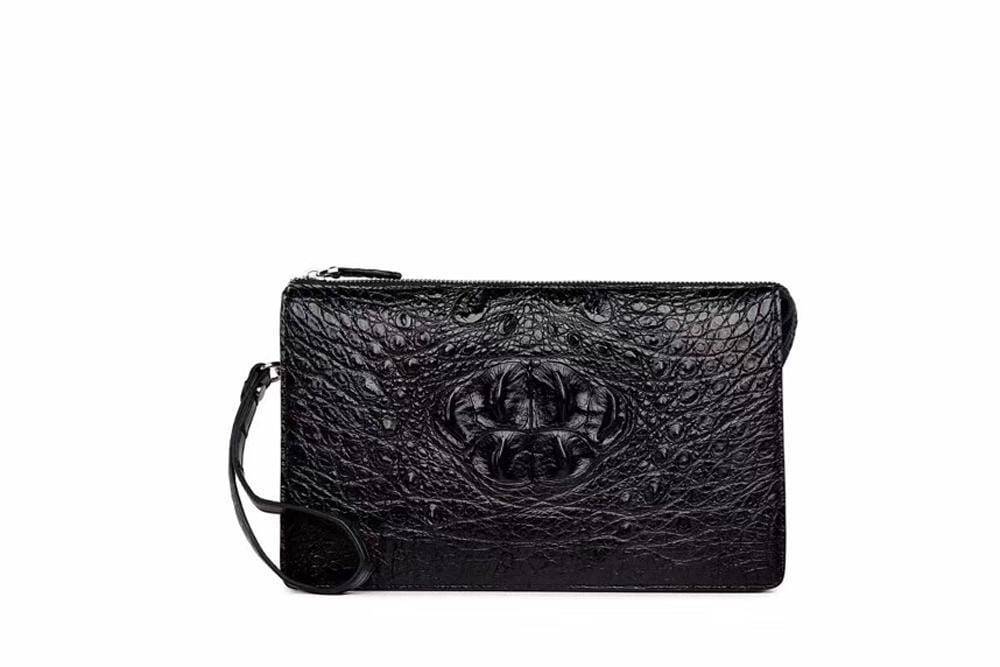 Men's Rossie Viren crocodile bone leather zip clutch wallet with credit card slots and long design for business use.