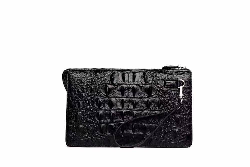 Men's crocodile bone leather zip clutch wallet by Rossie Viren with multiple card slots and a sleek long design.