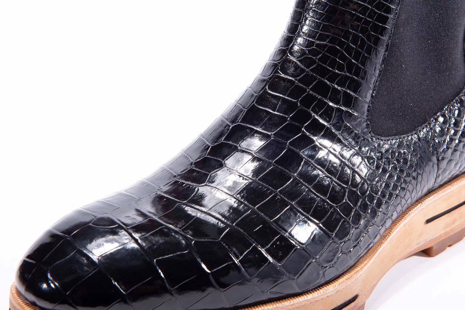 Crocodile Shoes Men's Chelsea Boots, Genuine Crocodile Skin Leather Non-Slip Casual Dress Ankle Boots Black