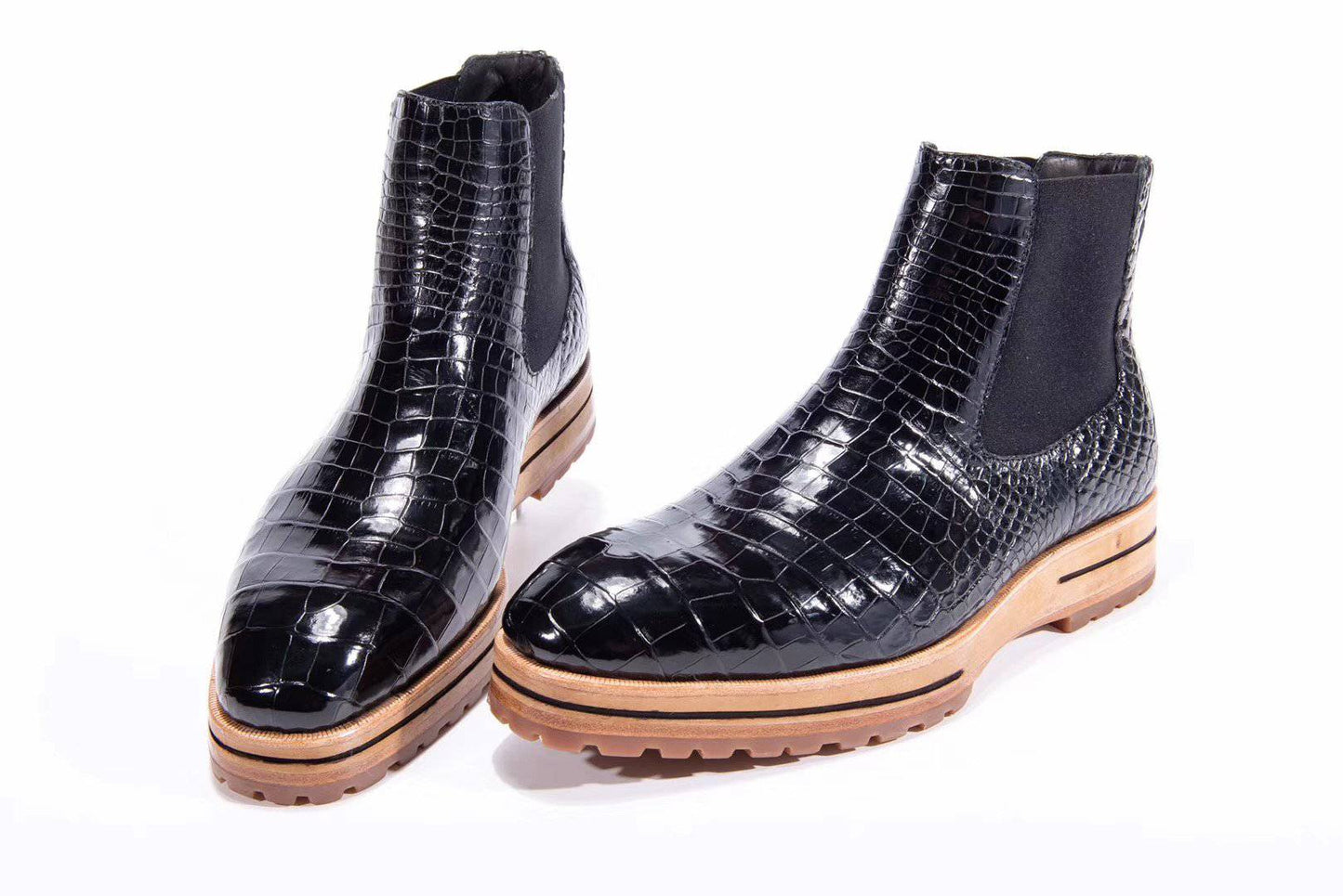 Crocodile Shoes Men's Chelsea Boots, Genuine Crocodile Skin Leather Non-Slip Casual Dress Ankle Boots Black