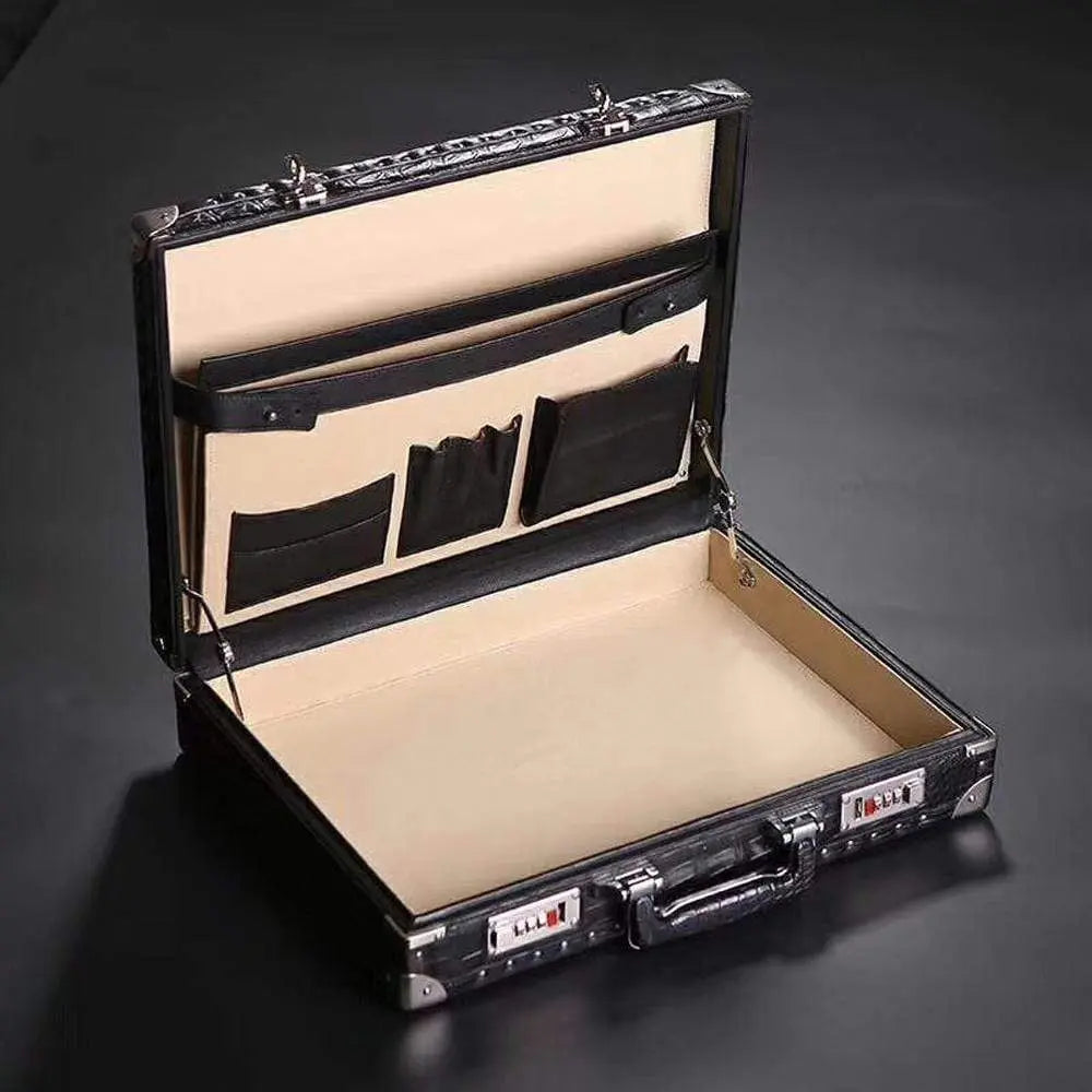 Men's black crocodile bone leather attache case by Rossie Viren, large professional business travel handbag with structured design.