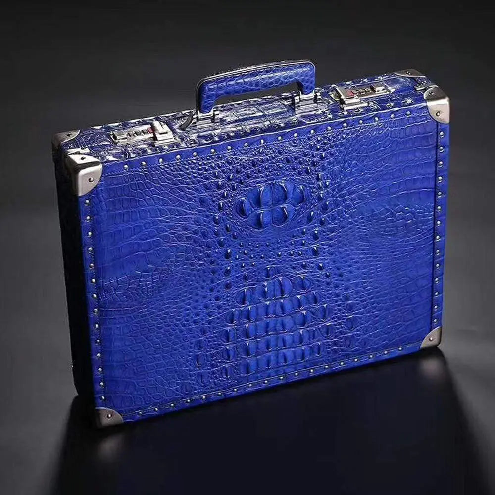 Men's large black crocodile bone leather business attaché case by Rossie Viren, professional travel handbag with sturdy handle.