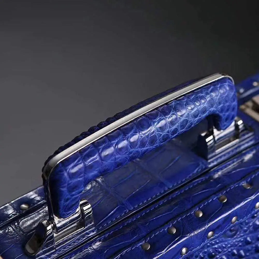 Men's black crocodile bone leather attache case by Rossie Viren, large professional travel and business handbag with sturdy handle.