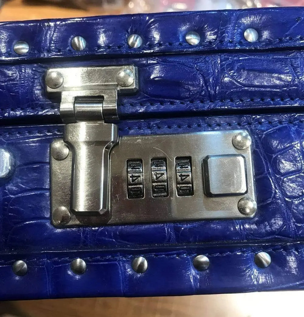 Men's black crocodile bone leather business attaché case by Rossie Viren, large and professional for travel and work.