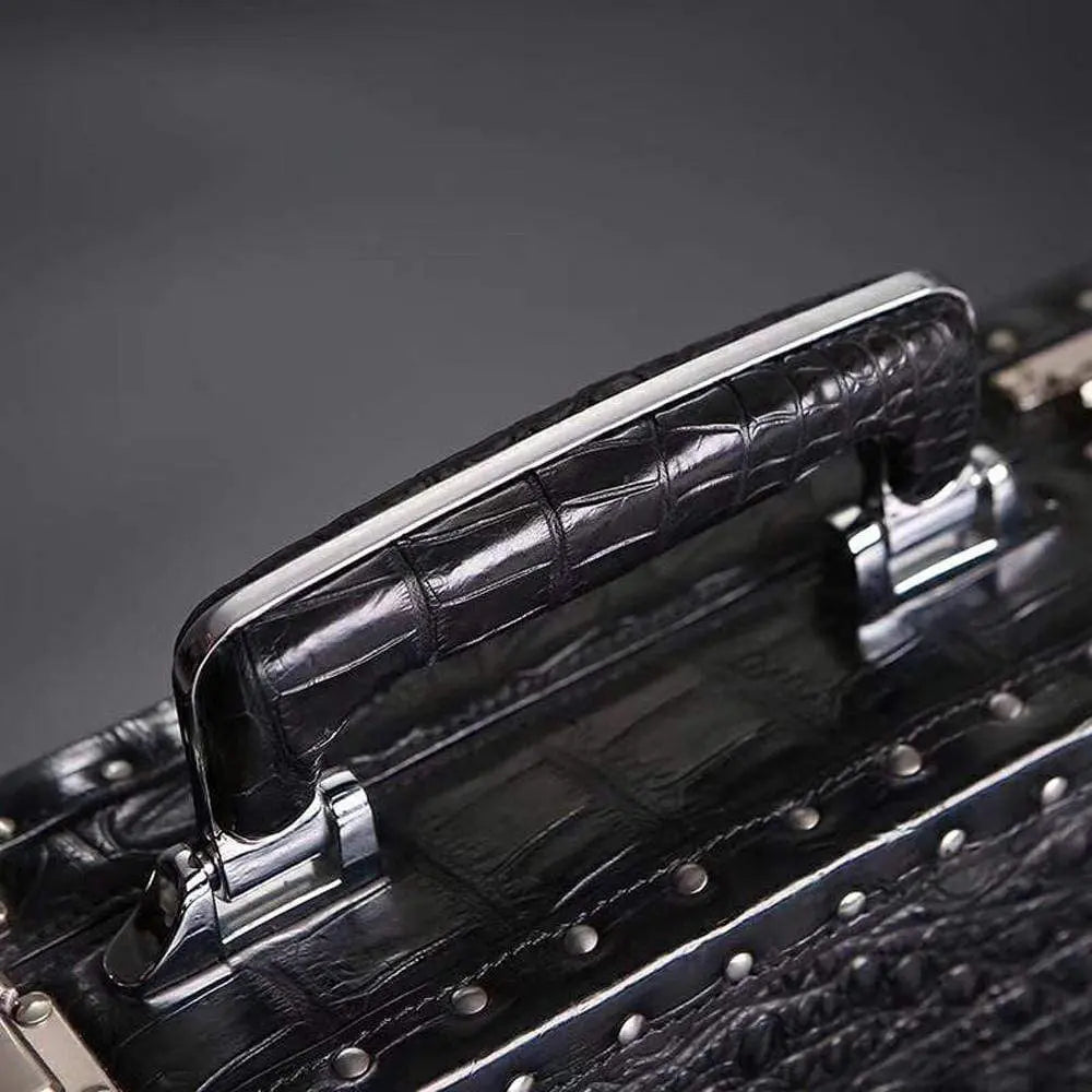 Men's large black crocodile bone leather business attache travel case by Rossie Viren, featuring professional design and sturdy handle.