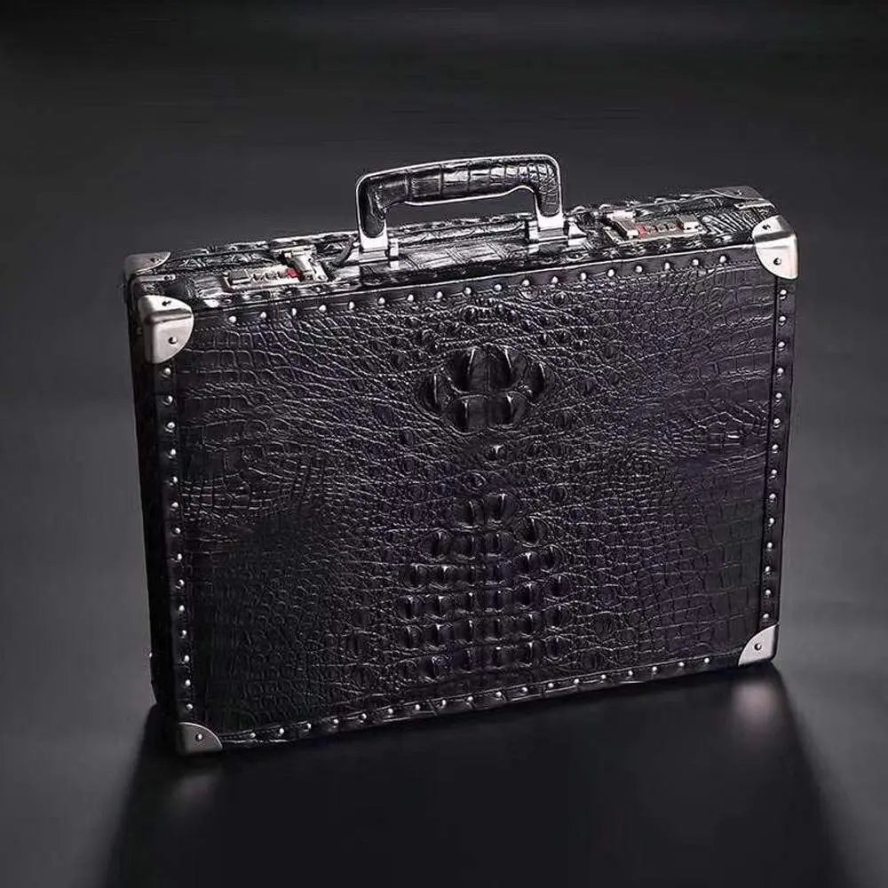 Men's black crocodile bone leather attache case by Rossie Viren, large professional business travel bag with sturdy handle.