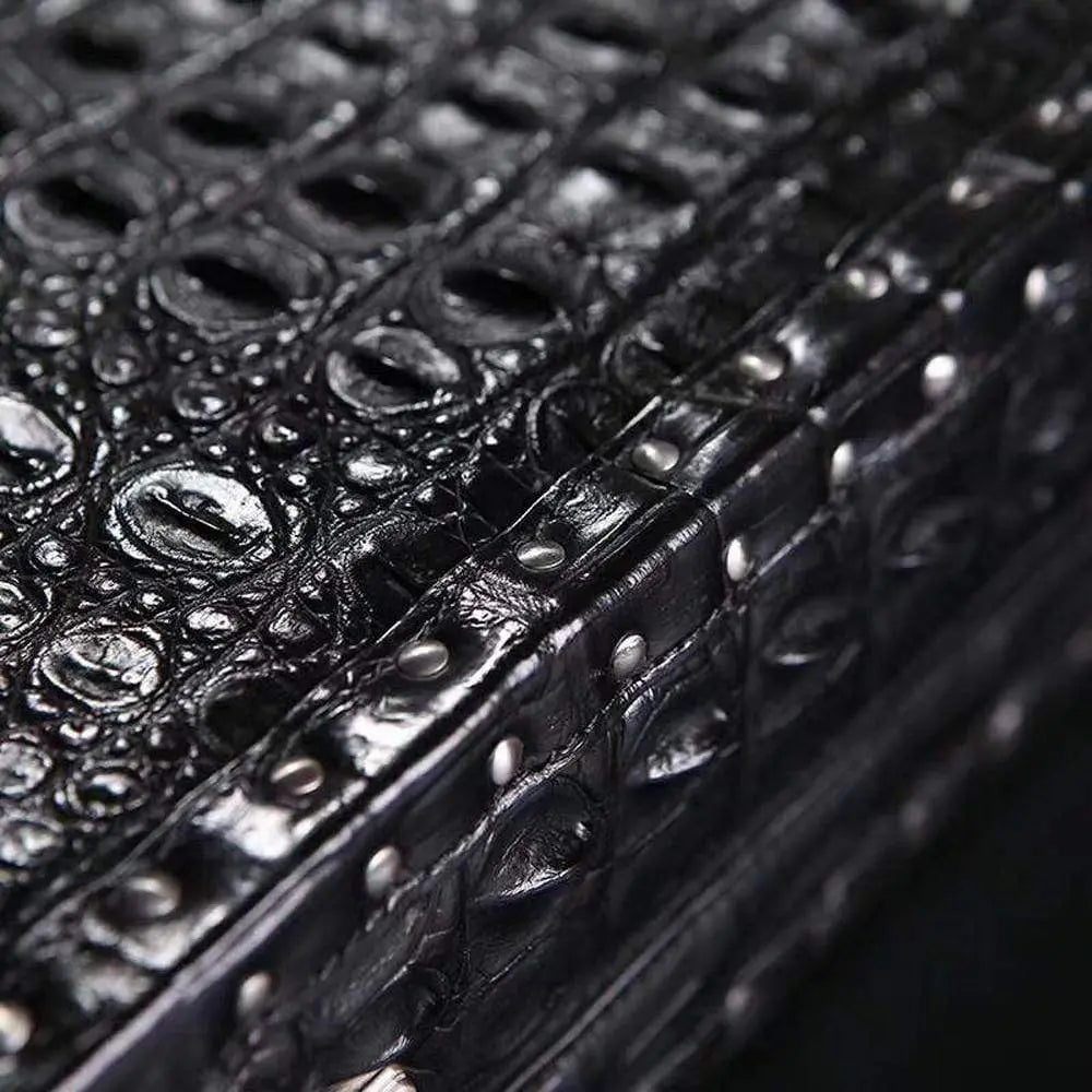 Men's black crocodile bone leather attache case by Rossie Viren, large professional business travel handbag with sturdy handles.