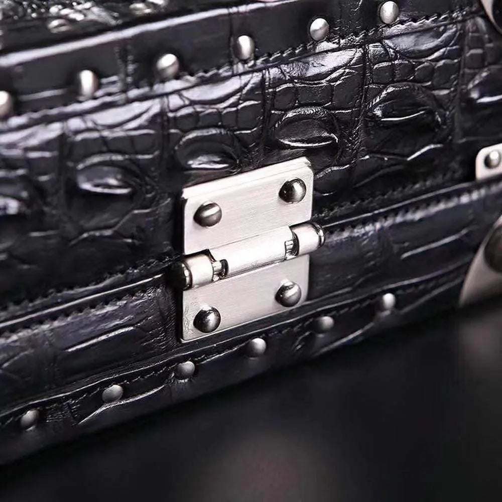 Men's black crocodile bone leather attache case by Rossie Viren, large professional business travel handbag with sleek design.