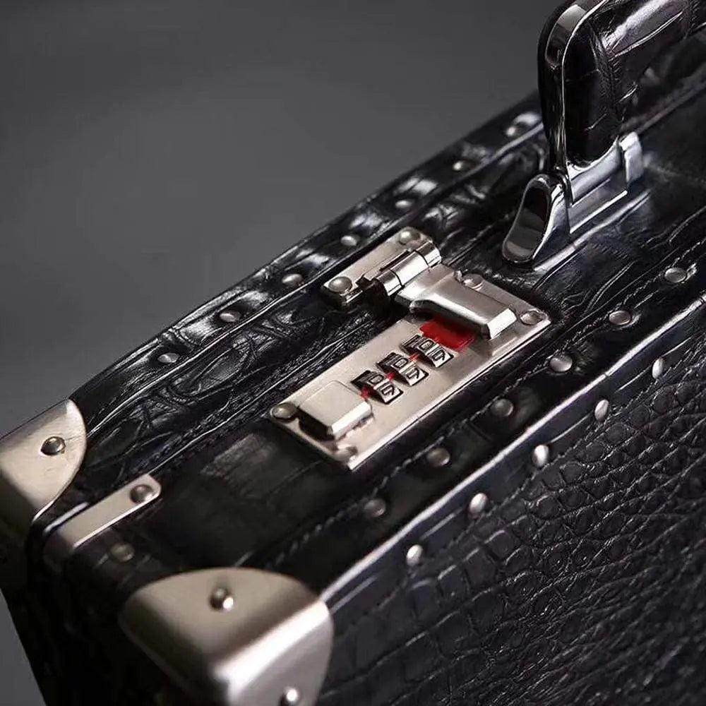 Men's black crocodile bone leather attache case by Rossie Viren, large professional business travel handbag with sturdy handle.