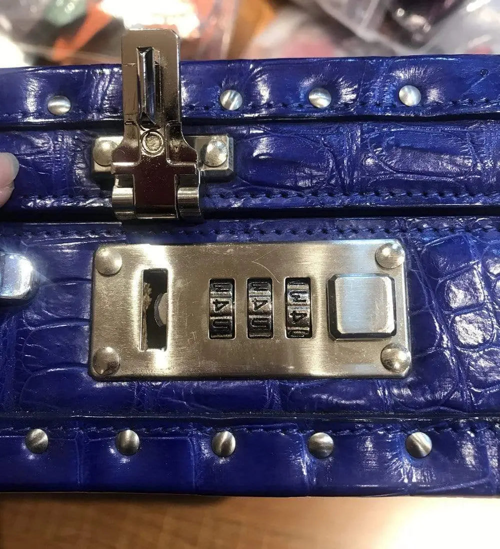Men's black crocodile bone leather business attache case by Rossie Viren, large professional travel handbag with sturdy handle.