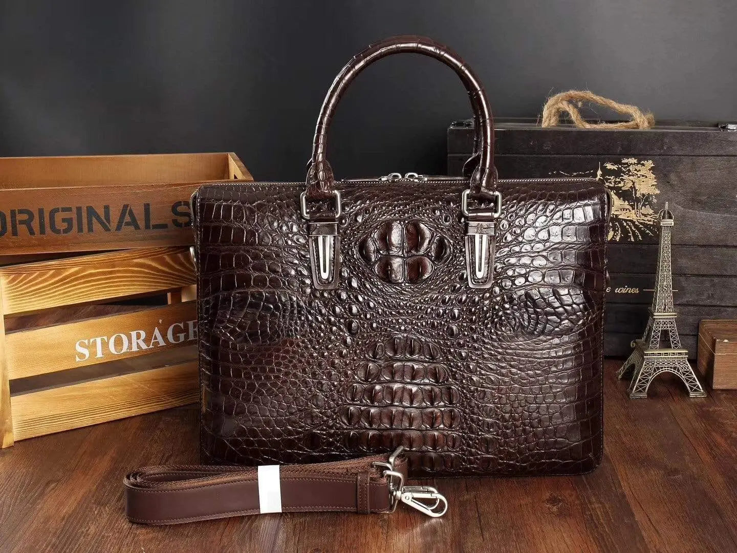 Men's crocodile leather briefcase by Rossie Viren, stylish business bag with compartments for computer and laptop storage.