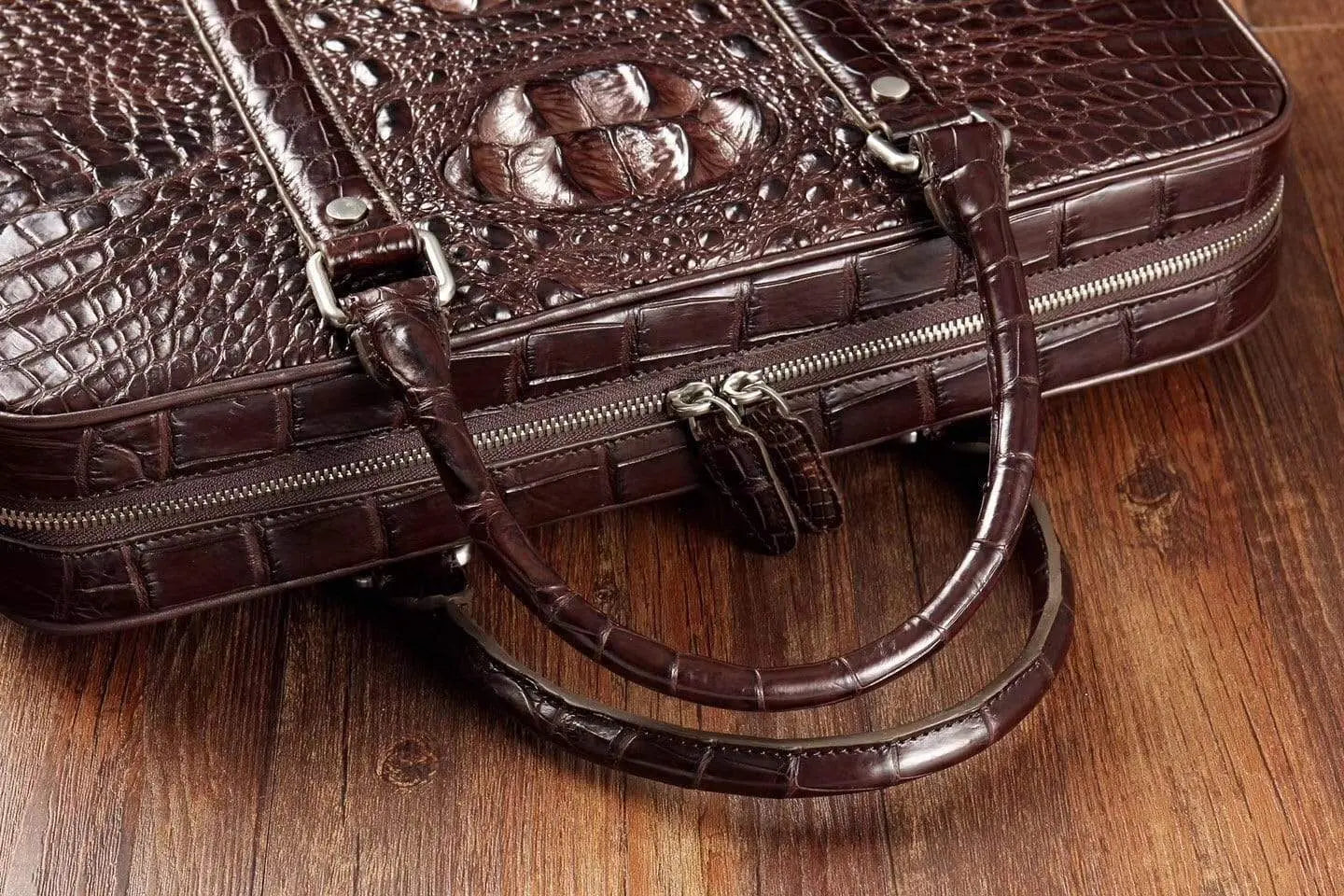 Men's crocodile leather briefcase by Rossie Viren, stylish messenger bag with compartments for laptops and documents.