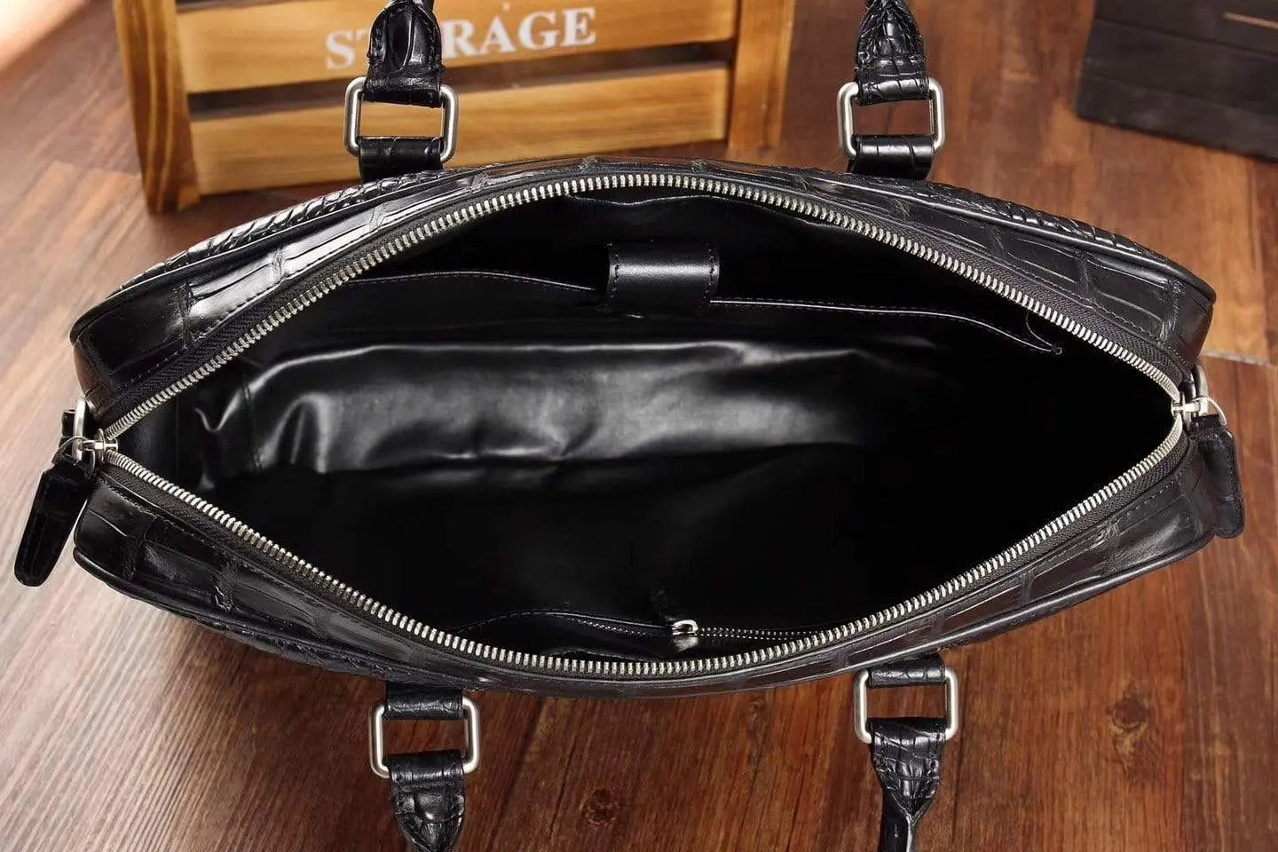 Men's crocodile leather briefcase and messenger bag by Rossie Viren, stylish laptop bag with textured crocodile pattern.