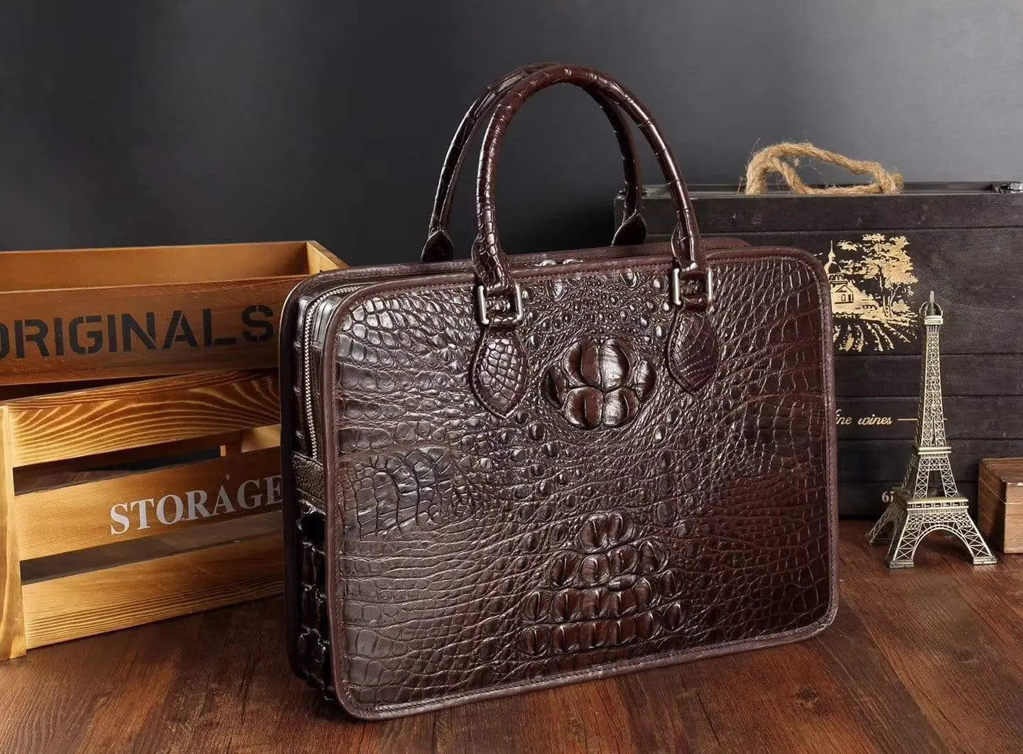 Men's crocodile leather briefcase with top handle from Rossie Viren, showcasing a sleek, professional handbag design.