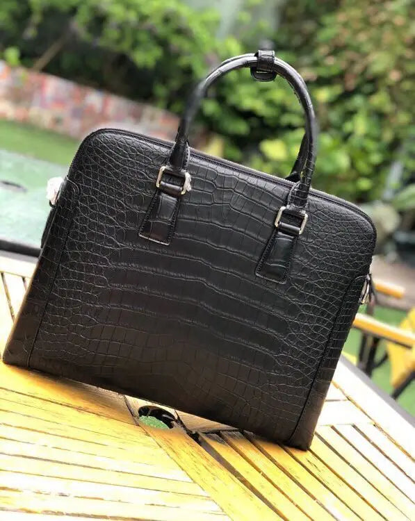 Men's crocodile leather laptop bag briefcase by Rossie Viren, stylish and professional handbag with textured crocodile pattern.