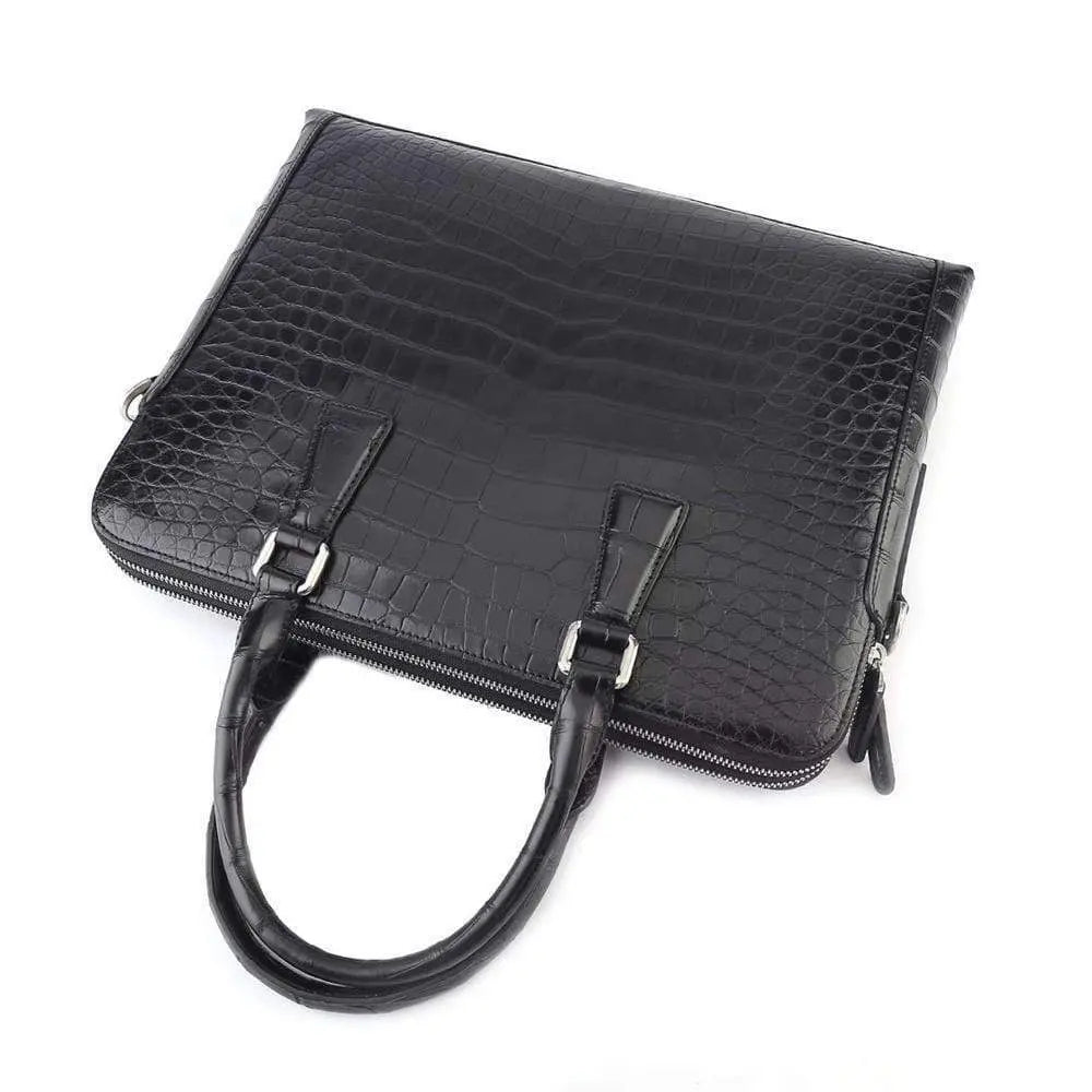 Men's Rossie Viren crocodile leather laptop bag briefcase with sturdy handles and sleek design for professional use.