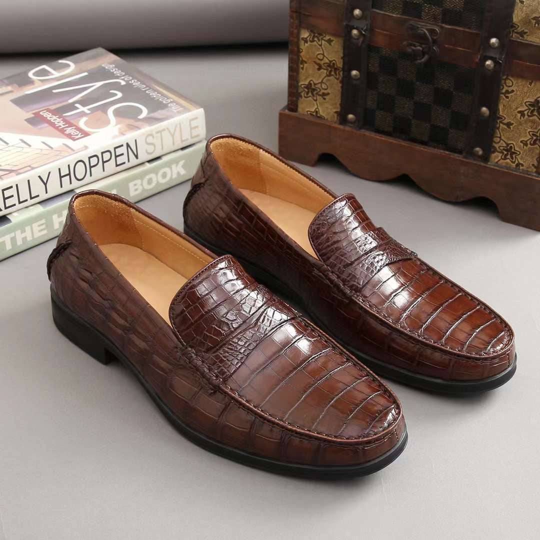 Men's Crocodile Leather Slip-On Loafers by Rossie Viren, showcasing sleek crocodile-patterned leather and comfortable slip-on design.