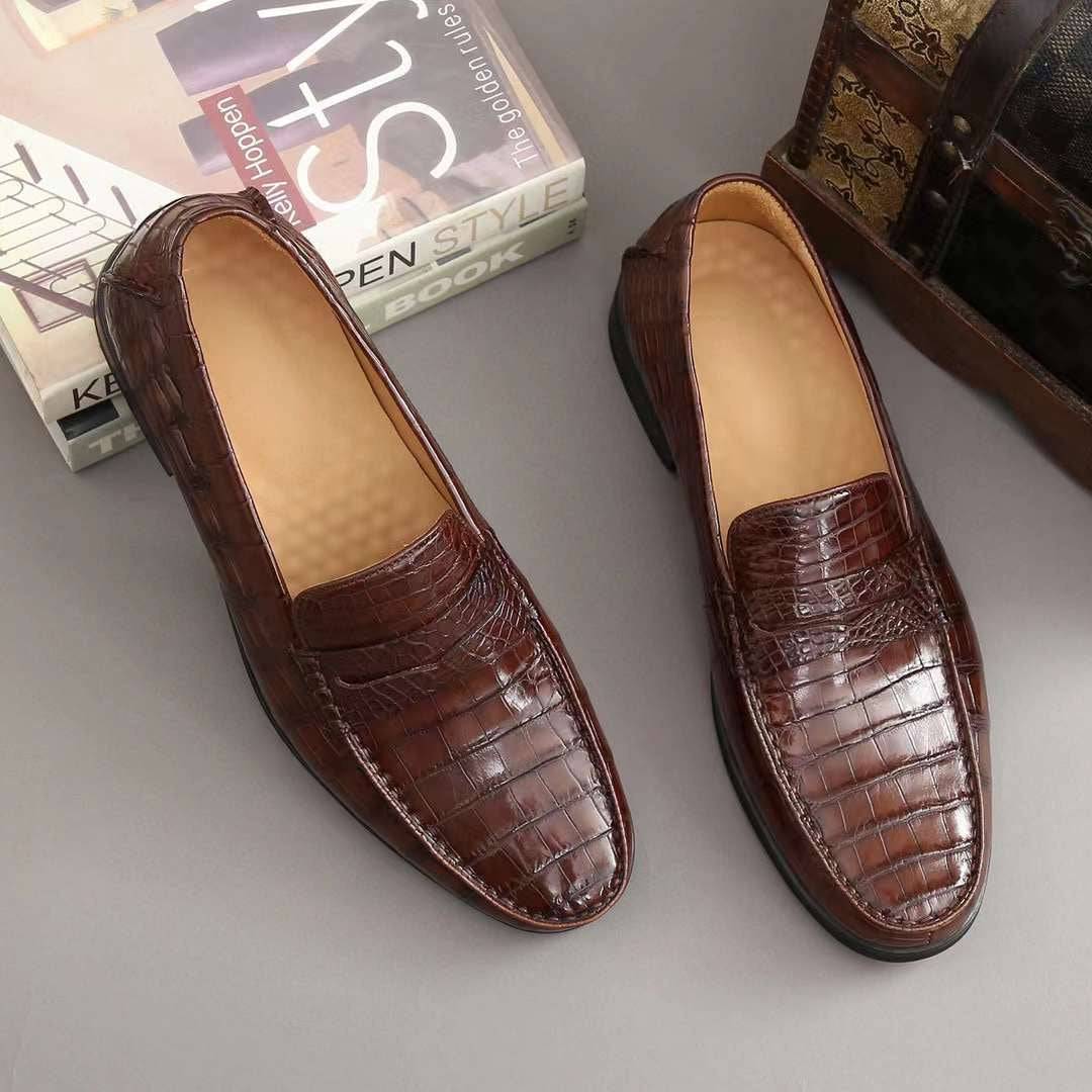 Men's Crocodile Leather Slip-On Loafers by Rossie Viren, showcasing sleek crocodile shoes with polished leather finish.