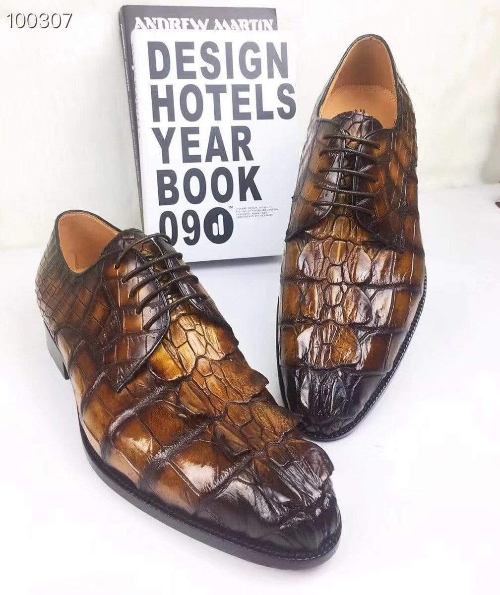 Rossie Viren men's crocodile leather dress shoes with a modern classic round pointed toe and lace-up design.