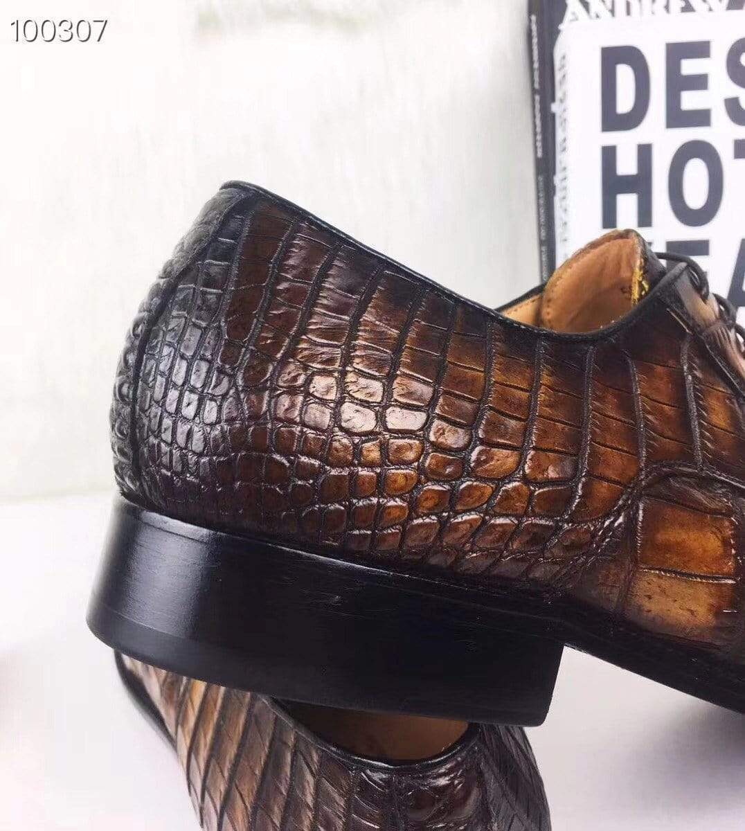 Rossie Viren men's crocodile leather dress shoes with round pointed toe, lace-up design, ideal for casual or business wear.