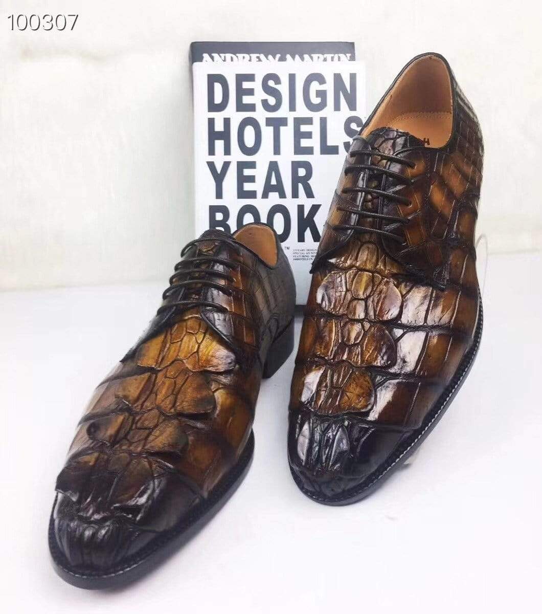 Rossie Viren men's crocodile leather dress shoes with rounded pointed toe, lace-up design, perfect for casual or business wear.