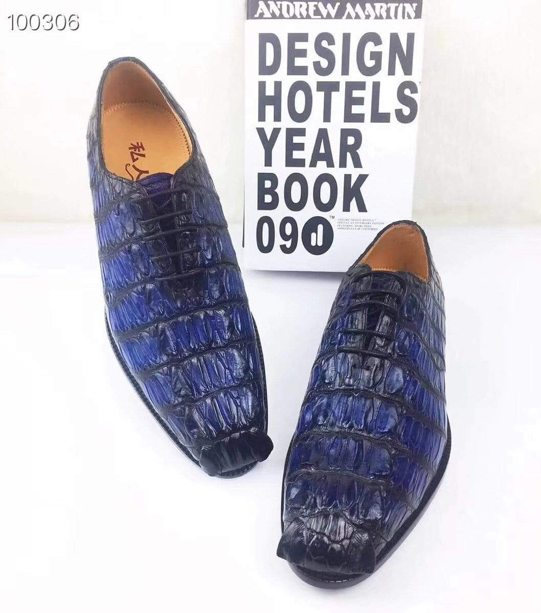 Men's Crocodile Leather Dress Shoes by Rossie Viren, modern classic round toe, pointed toe, lace-up casual business footwear.