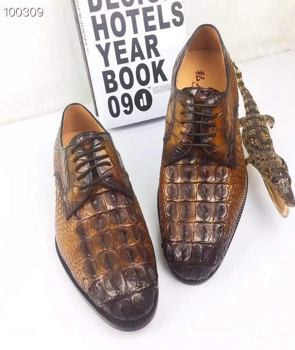 Men's Rossie Viren crocodile leather dress shoes with round pointed toe, lace-up design, ideal for casual and business wear.