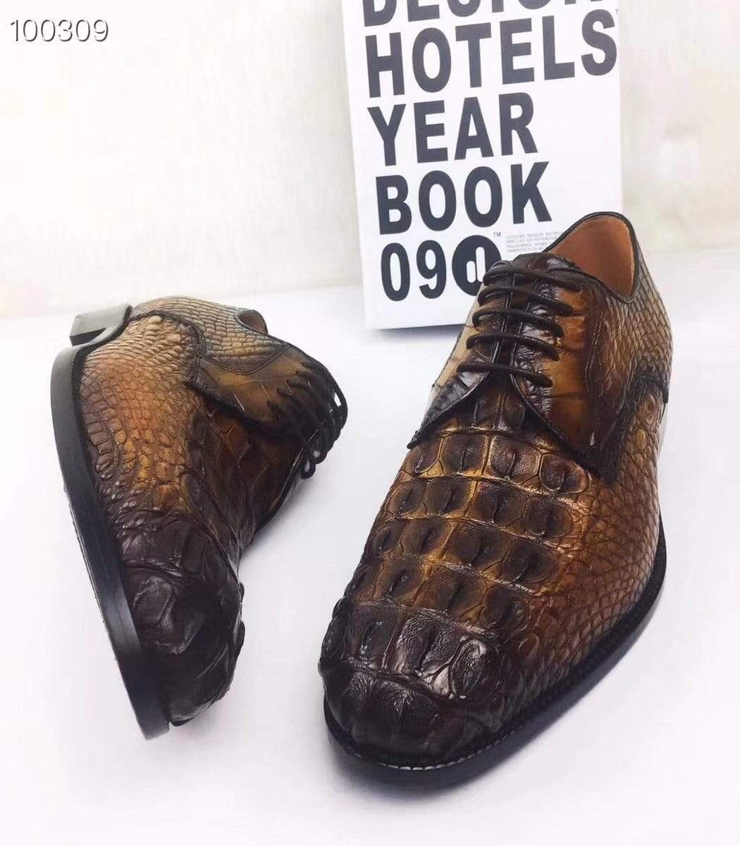 Rossie Viren men's crocodile leather dress shoes with pointed toe, round design, lace-up casual and business footwear.