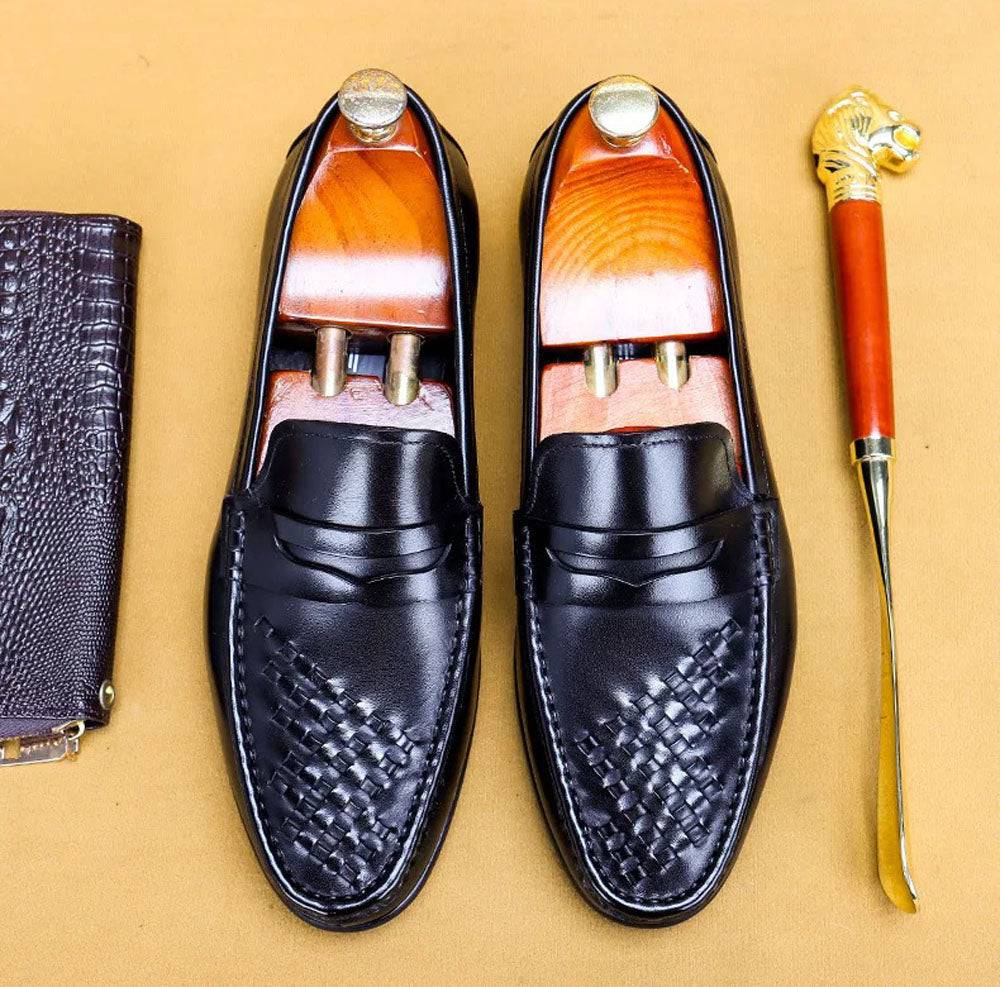 Men's Rossie Viren driving leather shoes and casual loafers displayed with sleek black leather and slip-on design.