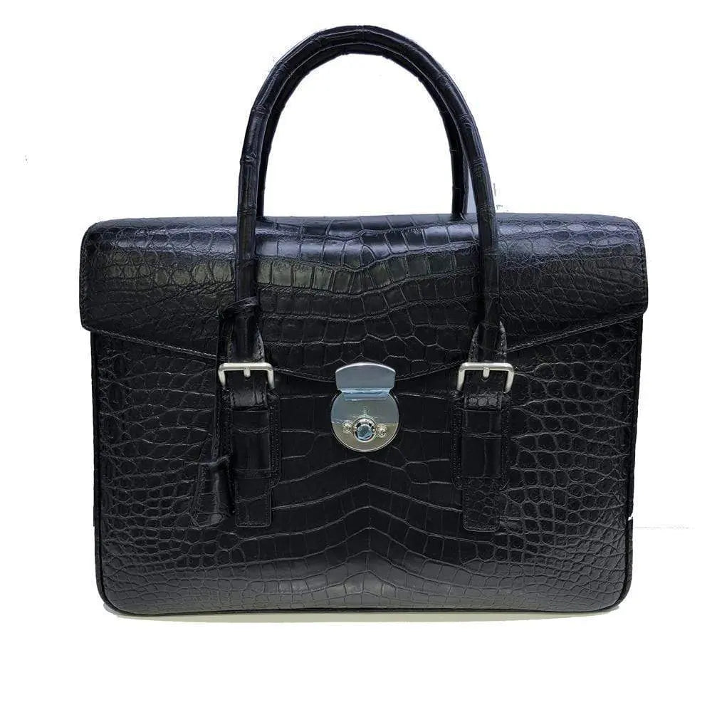 Men's genuine crocodile leather flapover briefcase by Rossie Viren, showcasing a sleek, textured crocodile leather handbag with a flap closure.