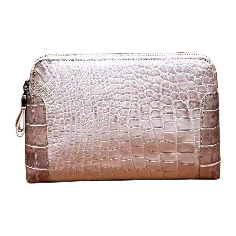 Men's genuine crocodile leather clutch bag with double zip, stylish Rossie Viren men's accessory in natural crocodile skin finish.
