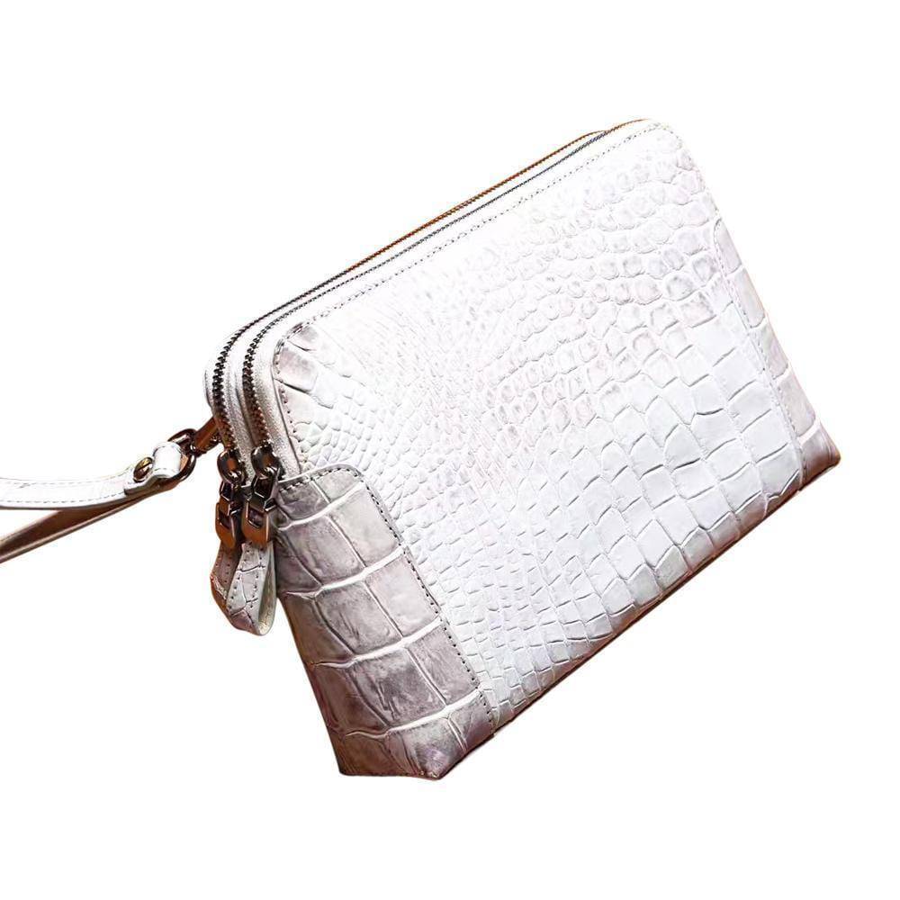 Men's genuine crocodile leather clutch bag with double zip closure by Rossie Viren, featuring a sleek and stylish design.