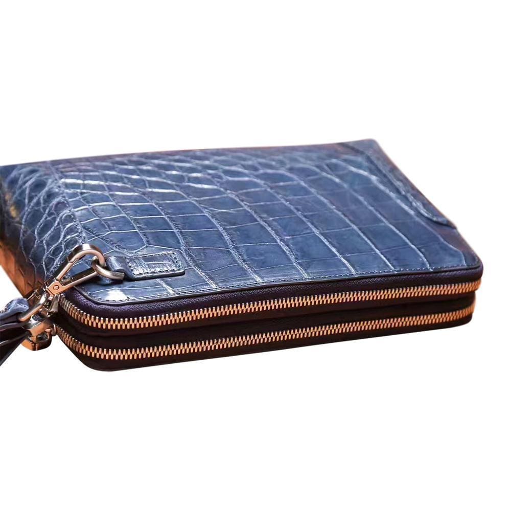 Men's genuine crocodile leather clutch bag with double zip, stylish Rossie Viren men's leather accessory.