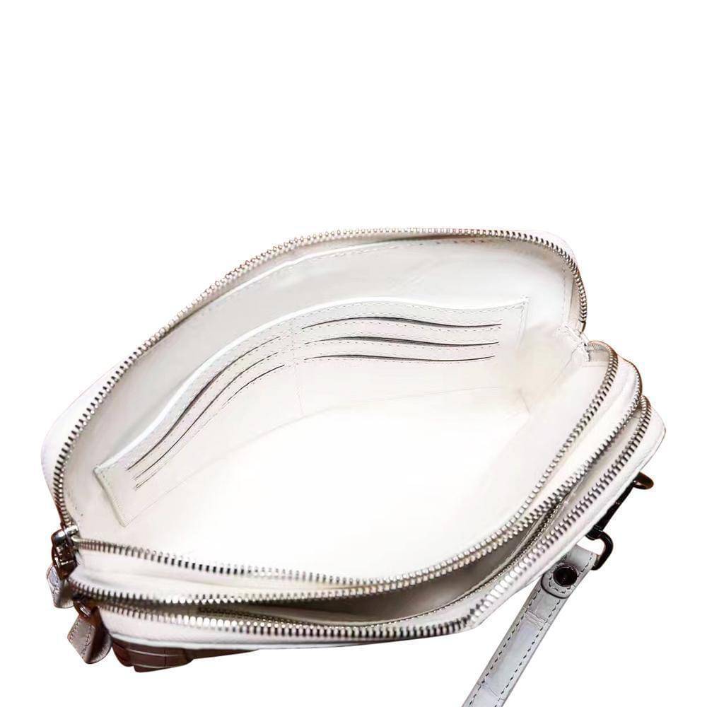 Men's genuine crocodile leather clutch bag with double zip by Rossie Viren, featuring a sleek, textured crocodile skin finish.