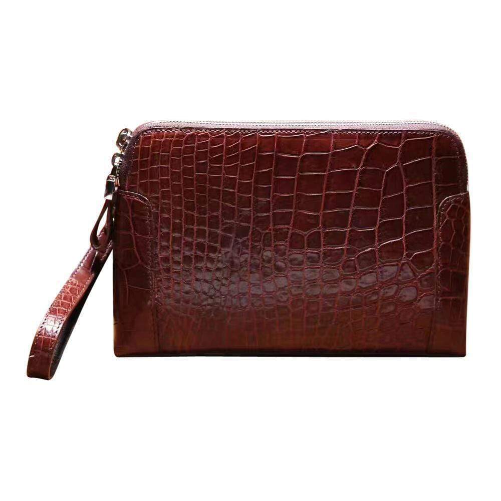 Men's genuine crocodile leather clutch bag with double zip closure by Rossie Viren, featuring a sleek and textured crocodile skin design.