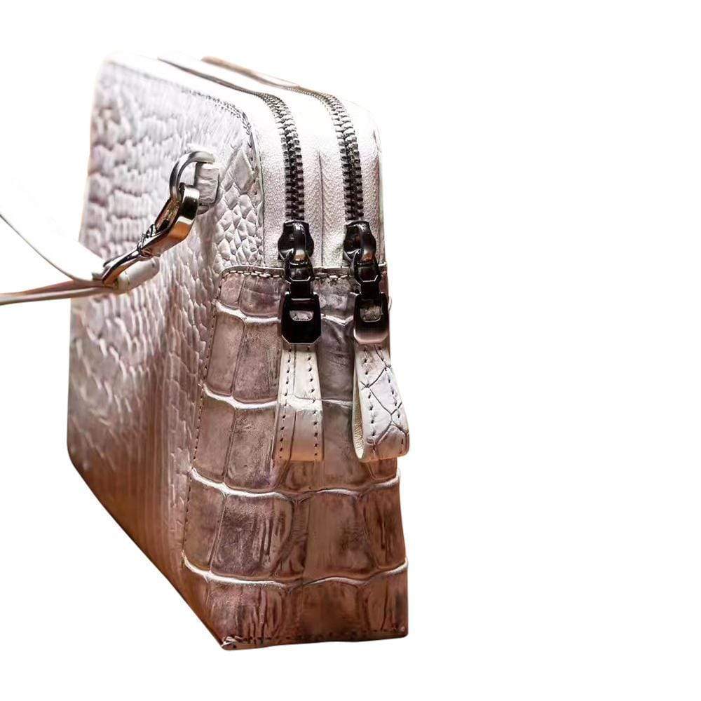 Men's genuine crocodile leather clutch bag with double zip, stylish and durable, by Rossie Viren.