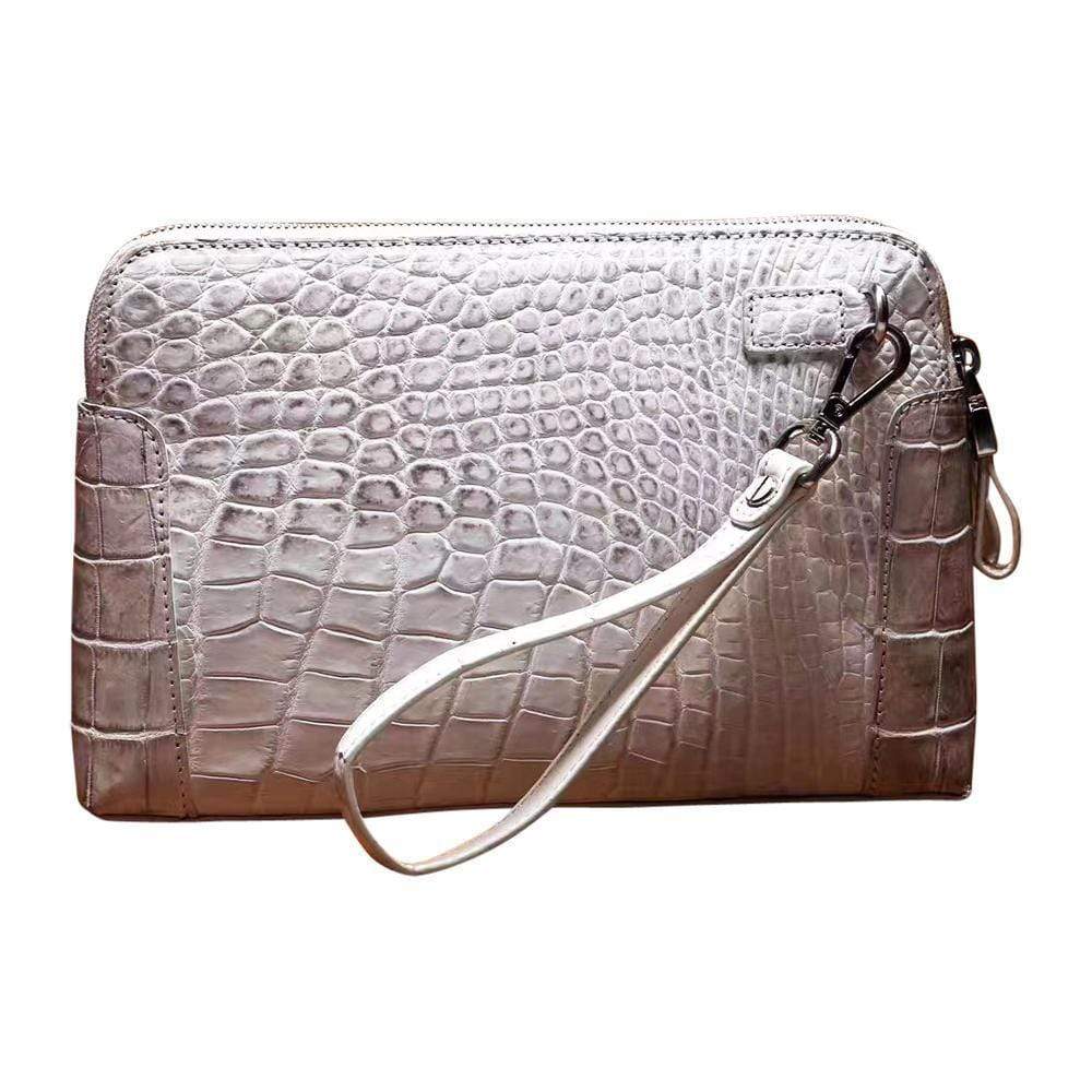 Men's genuine crocodile leather clutch bag with double zip, stylish Rossie Viren design for sophisticated accessories.