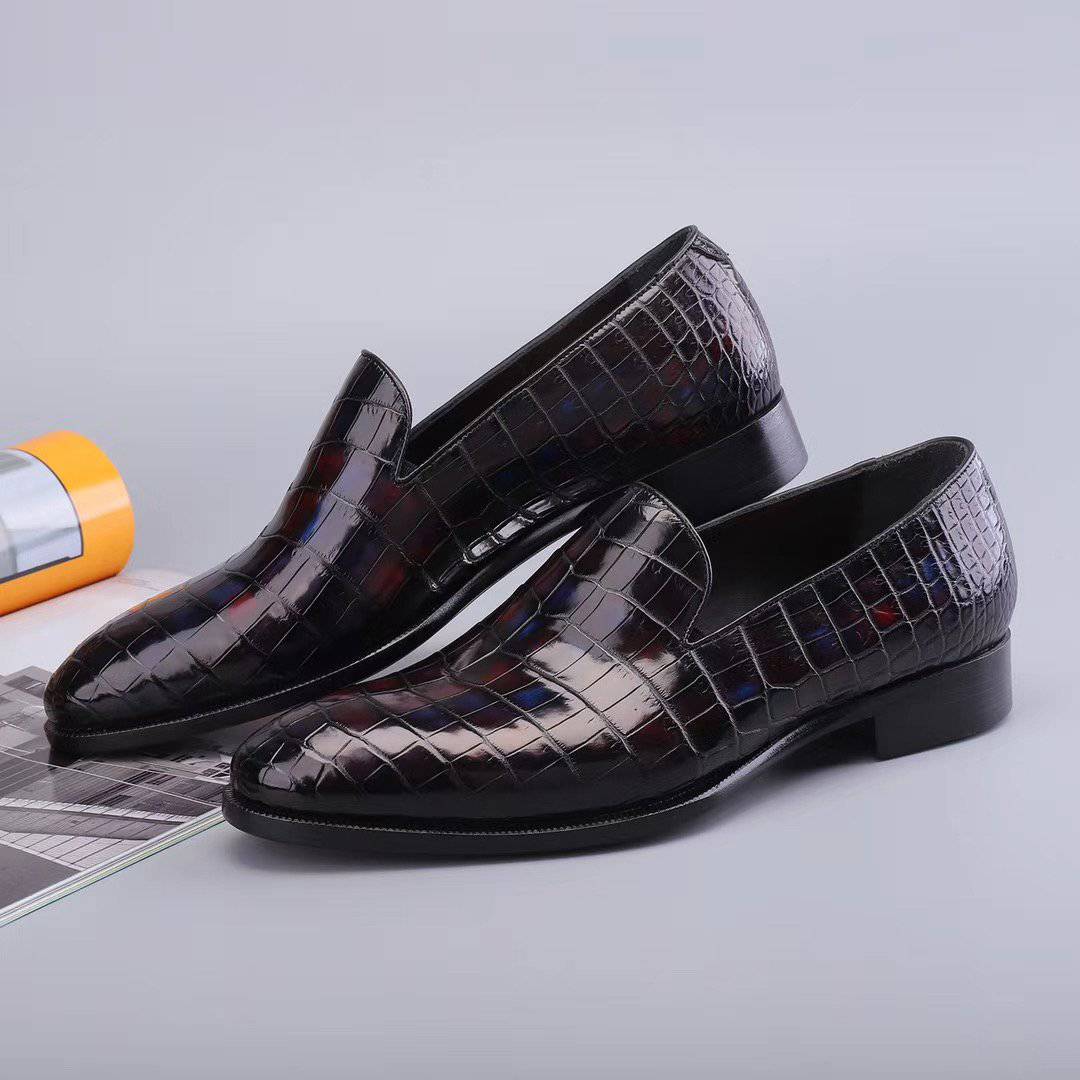 Crocodile Shoes Men's Slip On Loafer Shoes, Genuine Crocodile Leather Casual Dress Shoes Vintage Multi Blue